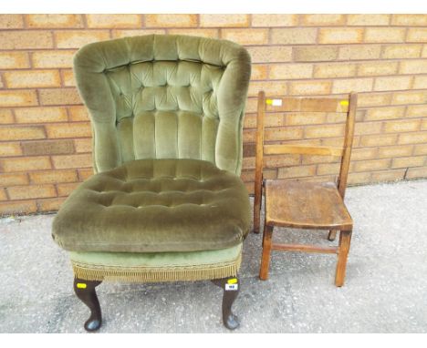 A button back chair and a child's wooden chair marked to the back Kingfisher of West Bromwich (2)