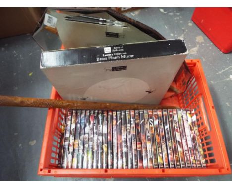 Approx 29 Doctor Who DVD's predominantly sealed in cellophane, a carved wooden walking cane, a walking stick and two mirrors 