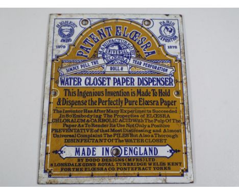 Enamel sign - an original enamelled sign entitled Patent Eloersa Water Closet Paper Dispenser by Dodo Designs (MFRS) Ltd., ap