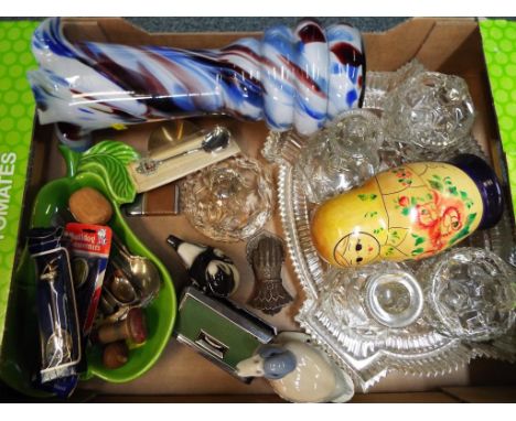 A good mixed lot to include an art glass vase, a glass dressing-table set, a set of Russian nesting dolls, a quantity of plat