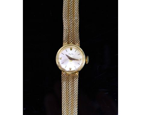 Goldene Damenarmbanduhr Marke Juta, Gelbgold, Rückdeckel gest. 585 14 K, goldfarbenes Zifferblatt mit Stabindexen, vergoldete