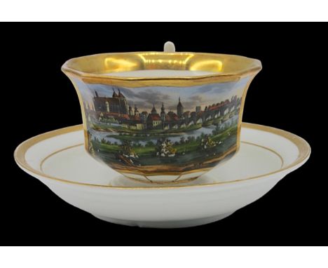 Vedutentasse - Spätbiedermeier 2. Drittel 19.Jahrhundert "Stadtansicht Regensburg mit Stein. Brücke", Porzellan mit Goldrand,