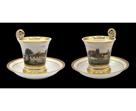Vedutentasse - Biedermeier 19.Jahrhundert "Stadtansicht Regensburg mit Stein. Brücke, im Vordergrund Schifffahrt und Personen