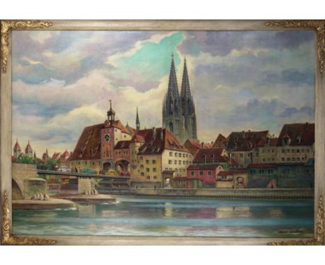 Großes Gemälde - Erwin Schöppl (1904 Wien - 1980 Regensburg) "Stadtansicht Regensburg mit Stein. Brücke (mit Notsteg am letzt