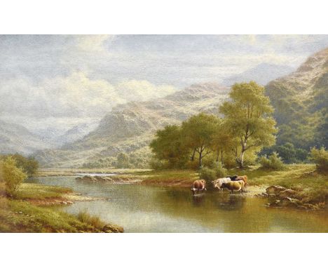 Walter J Watson (1879-1979)Cattle watering in an extensive lakeland landscapeSigned and dated 1922, oil on canvas, 39.5cm by 