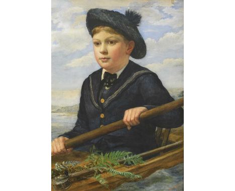 British School (19th/20th Century)Young boy wearing a sailors suit and paddling a canoe in a Lakeland landscape Indistinctly 