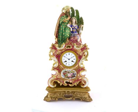 A French Porcelain Figural Mantel Clock in the Manner of Jacob Petit, late 19th century, in Neo-Rococo style, claret ground, 