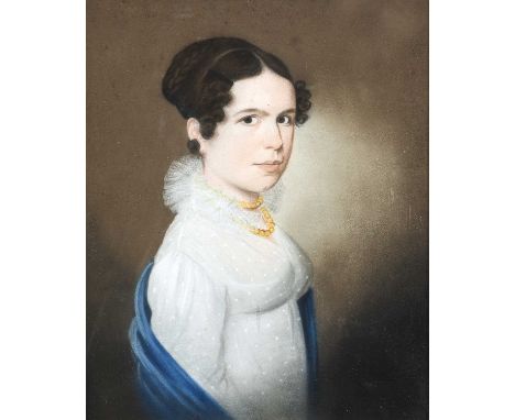 British School (19th Century)Portrait of a Regency lady, half length, wearing a spotted muslin empire-line dress, blue wrap a