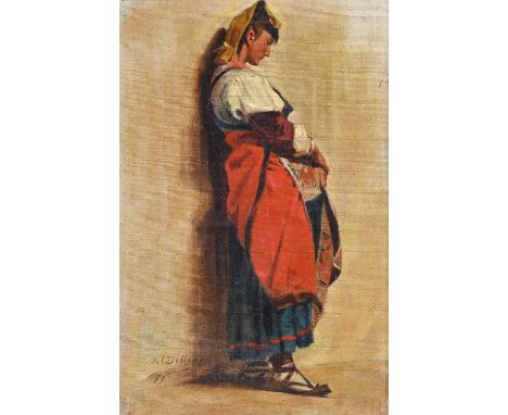 Attributed to Julien Dillens (1849-1904) Belgian Portrait of a young lady in traditional Belgian clothingSigned and dated (18