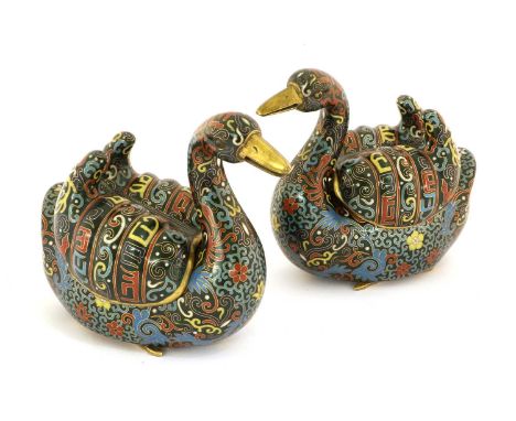 A Pair of Chinese Cloisonne Enamel Models of Geese, in 18th century style, naturalistically modelled and decorated with scrol