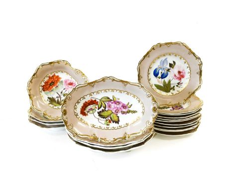 A Spode Felspar Porcelain Part Dessert Service, circa 1822-33, with pale ecru and gilt borders framing botanical specimens, c