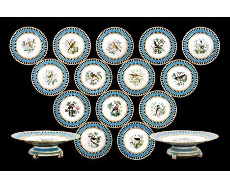 A Minton Porcelain Dessert Service, late 19th Century, with pierced borders, having turquoise bands and edged in gilt, painte