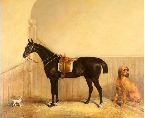 Follower of Albert Clark (1821–1909)Portrait of a saddled standing horse and dogs in a stall Oil on canvas, 59.5cm by 72cmIn 