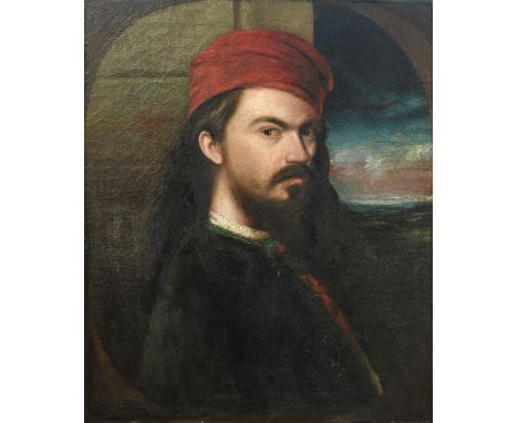 British School (19th Century) Portrait of a gentleman, head and shoulders, possibly a self portrait, wearing a red cap and st