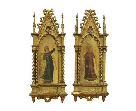 After Fra Angelico (1395-1455) Italian Angels Playing Musical InstrumentsOil on a gold ground, 26.5cm by 10.5cm each (2) Cont