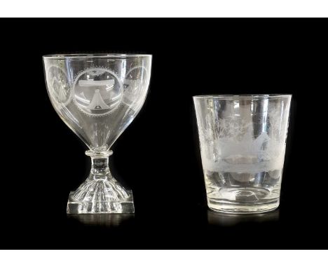 A Masonic Rummer, circa 1820, the ovoid bowl engraved with initials and Masonic motifs in roundels on a lemon squeezer base13