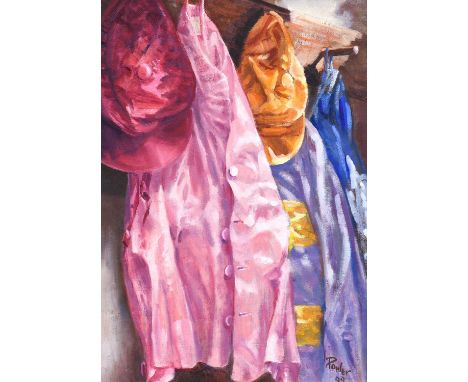 James Power (b.1946) Jockey's silks hanging in the weighing room Signed and dated (19)99, oil on canvas board, 34cm by 24cmBe