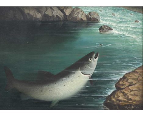 R Caspers (20th century)Landed Salmon on a river bank with fishing equipment nearbySigned, oil on board, together with three 