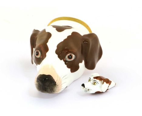 A Copeland & Garrett Porcelain Stirrup Cup, 1833-1947, formed as a hounds head, naturalistically painted with brown enamel ma