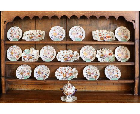 A Masons Ironstone China Part Dessert Service, circa 1813-20, painted in underglaze blue, enamelled and gilded with chinoiser