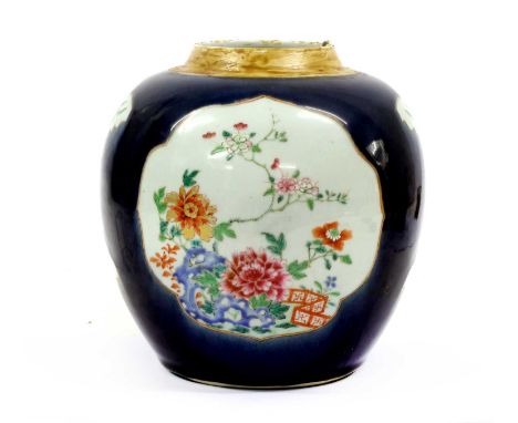 A Chinese Porcelain Ginger Jar, Qianlong, blue ground and painted in famille rose enamels within shaped gilt edged reserves 2