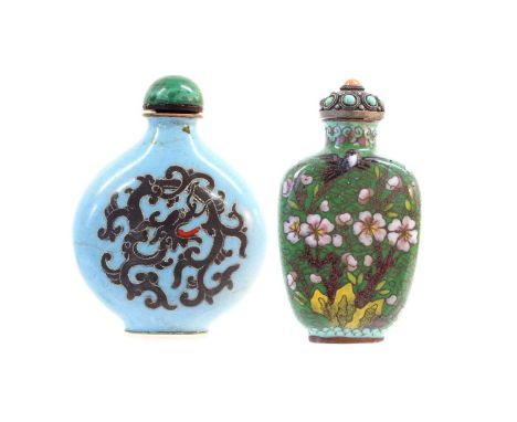 A Chinese Cloisonne Enamel Snuff Bottle, 19th century, of flattened pear form, decorated with dragons on a pale blue ground7c