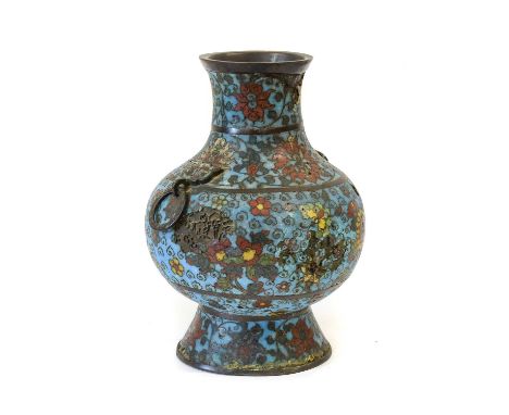 A Chinese Cloisonne Enamel Vase, in Ming style, of baluster form with flared neck, ring handles and flared foot, decorated in