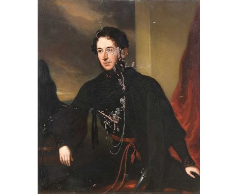 William Moore (1790-1851) Portrait of a gentleman, three quarter length seated, wearing a black uniform decorated with a red 