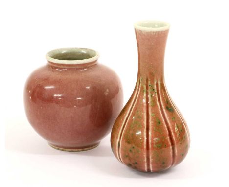 A Chinese Porcelain Water Pot, Qianlong style, decorated in peach bloom glaze7cm highA Similar Small Reeded Bottle Vase11.25c