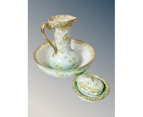 A W A A & Co. Crete pottery wash jug and basin with further matching bowl and trinket box 