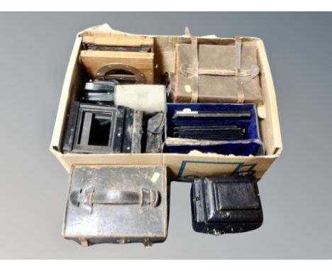 A group of antique bellows cameras, Thornton Pickard reflex camera in leather box etc 