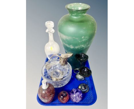 A crystal carafe with silver plated spout and handle, glass paperweights, decanter, large green glass baluster vase etc 