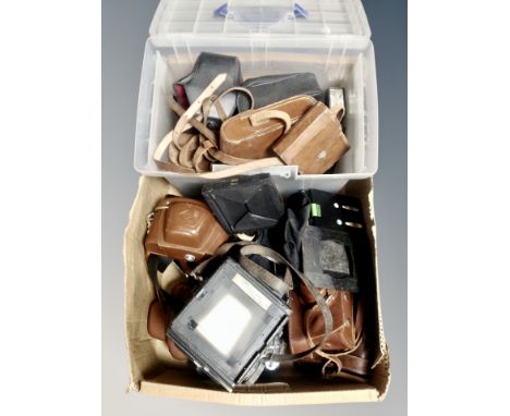 A box of vintage cameras, early 20th century plate camera, Houghton-Butcher camera, Agfa etc 