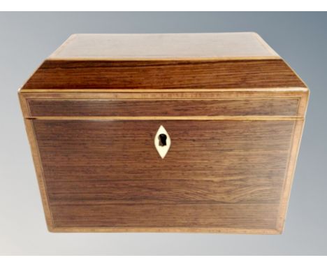 A 19th century rosewood and satinwood inlaid two-division tea caddy, width 18 cm 
