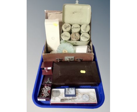 A tray of marcasite jewellery, crown, bakelite table box, miniature leather suitcase containing enamel spice jar in box etc 