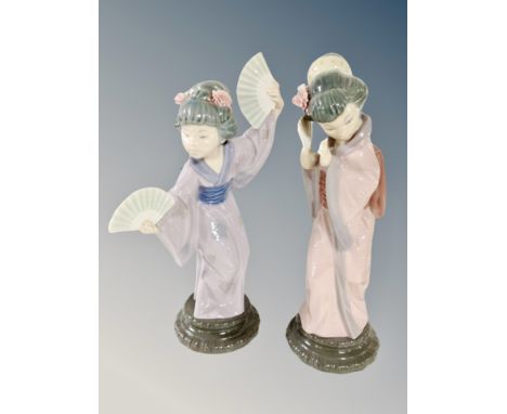 Two Lladro figures of geisha girls holding hand fans, tallest 30 cm 