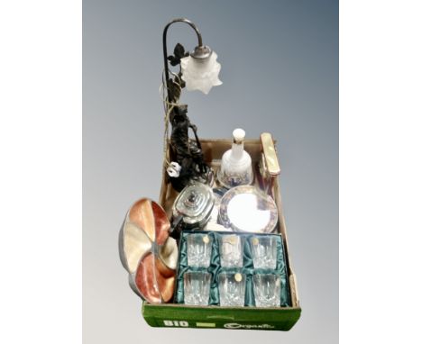 A boxed set of six crystal tumblers, silver plated teapot on stand, contemporary figural lamp, collector's plates, Bells comm