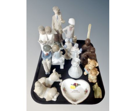 A group of ceramics, Lladro figure, Nao boy, Pendelfin, onyx carving, Royal Albert heart shaped dish etc 