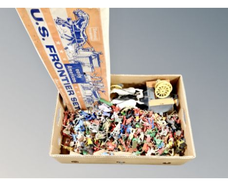 A box of Tri-ang US Frontier Set and quantity of die cast and plastic figures, horse and carriage etc 