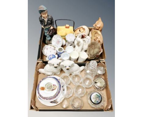 Two boxes of Staffordshire dogs, set of six crystal rummers and decanter, commemorative beakers, figures etc 
