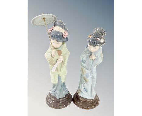 Two Lladro figures of Geisha, one holding a parasol, tallest 30 cm 