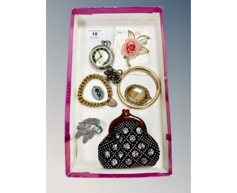 An Ingersoll Ltd Triumph pocket watch together with gold plated bracelet, bangle, agate  pendant, purse etc 