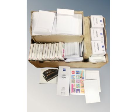 A box of padded envelopes, tablet wipes, children's Mattel note pads etc 