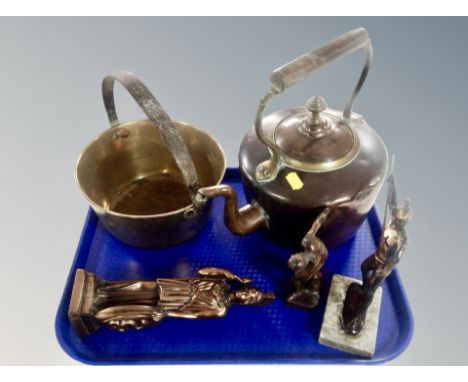 A Victorian copper kettle, brass jam pan and three Greek style metal figures 
