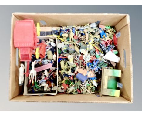 A quantity of die cast and plastic soldier figures, cars, horses and carriage etc 