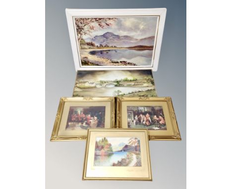 An S Harris watercolour depicting a boat on river, together with an oil on canvas of a village, two gilt framed prints and fu