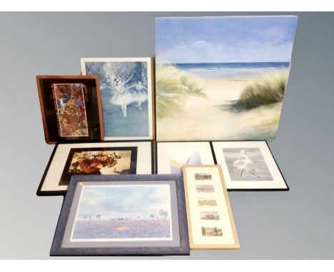 A group of pictures and prints, unframed oil on canvas, beach sand dune print, Australian aboriginal print etc 