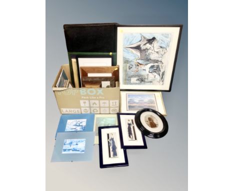 A box of pictures and prints, Chinese embroidery on silk, oil on board, French fashion pictures, artist's folio etc 