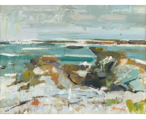 John Cunningham RGI D.LITT (1926-1998) Scottish"Rocky Shore Colonsay" (1966)Signed, oil on canvas, 29cm by 39cmSome light sur