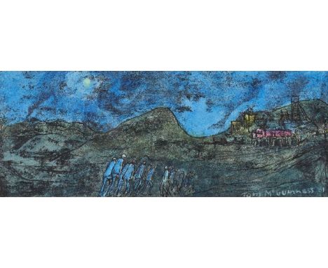 Tom McGuinness (1926-2006)Miners trudging towards the collierySigned and dated (19)81, mixed media, 6.5cm by 16.5cmCockling t